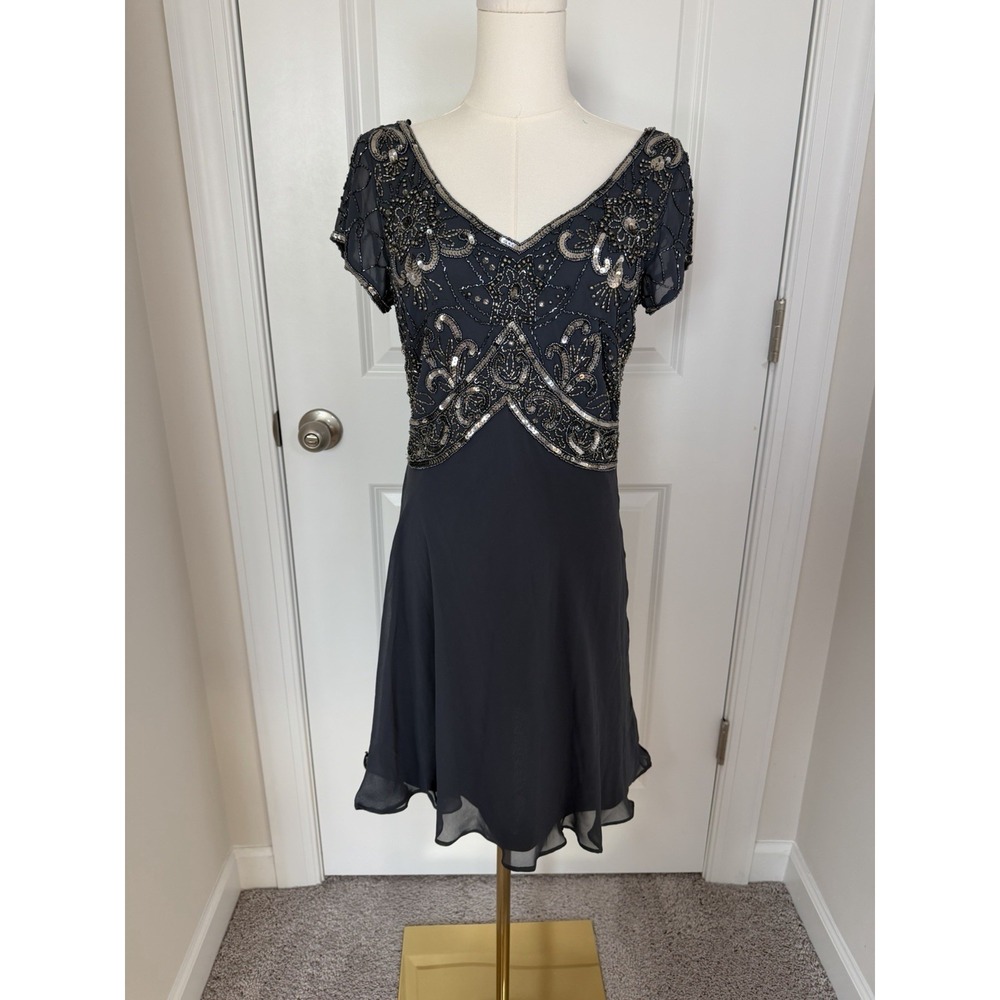 Women's J Kara Cap Sleeve Beaded Mini Dress Size 4 Formal Hollywood Gatsby 1920s